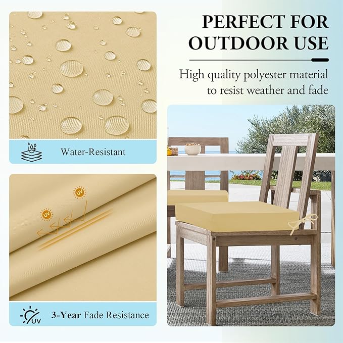 Wellsin Outdoor Chair Cushions for Patio Furniture, 3-Year Color Fastness Patio Chair Cushions Set of 4, Water Resistant Square Corner Outdoor Seat Cushions 18.5"X16"X3", Khaki