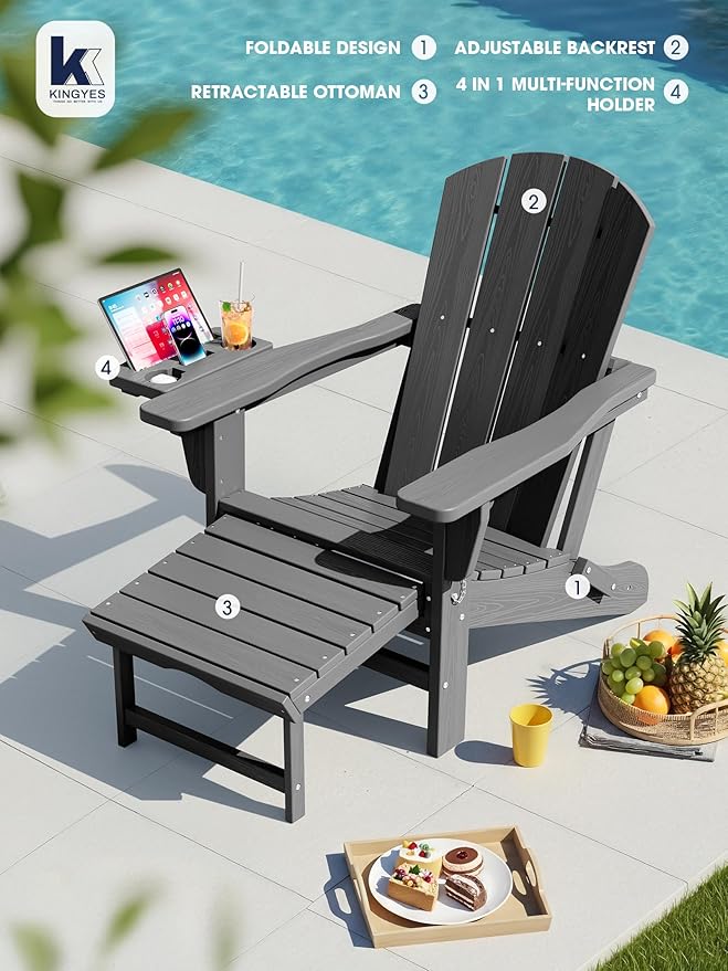 KINGYES Adjustable Folding Adirondack Chair with Footrest & 4-in-1 Multi-Functional Armrest Organizer, HDPE Recliner Adirondack Chair with Pull-Out Ottoman, Gray