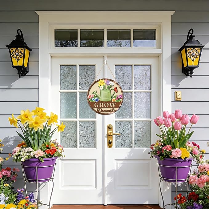 HOURIA 3D Spring Flower Wreath Door Sign(11.4”x11.4”), Grow Dammit Garden Farmhouse Wooden Door Decor,Vintage Spring Watering Can Floral Wall Hanging Sign for Front Door Outdoor Porch