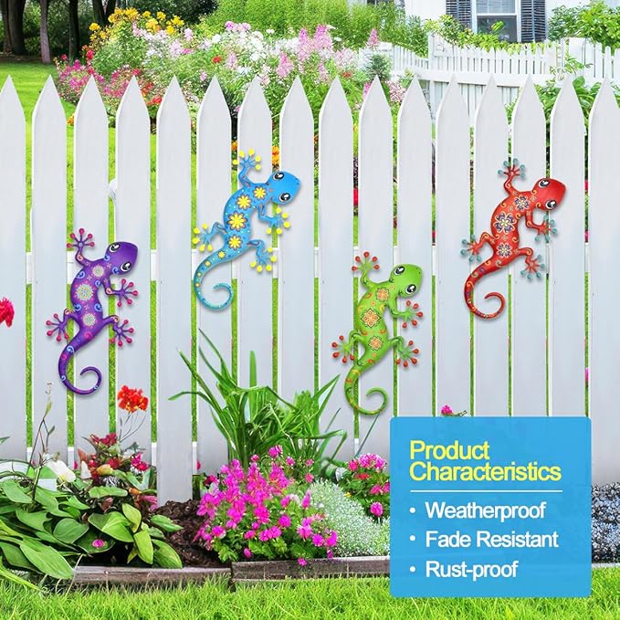 4 Pcs Metal Gecko Outdoor Decorations - Metal Wall Art Hanging Sculpture Decoration for Garden Yard Fence Porch Wall Decor, Gift for Mom Dad Friends