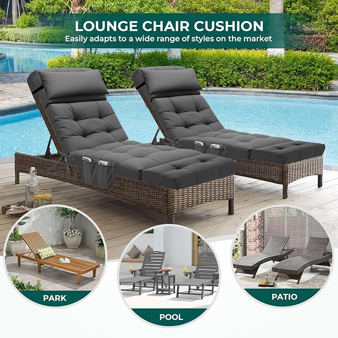 Outdoor Chaise Lounge Chair Cushion Waterproof 74.4 x 22 x 4.7 Inches Lounge Chair Cushions Thickened for Outdoor Furniture with Headrest and Pocket, Replacement Pool Lounge Cushions, Grey