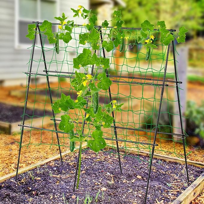 Lalahoni Cucumber Trellis, 4ft x 4ft Metal A-Frame Garden Trellis Climbing Plant Outdoor Support Fruit Grape Vine Vegetable Tomato Pea Bean Cucumber Trellis Raised Bed, with Netting, Black