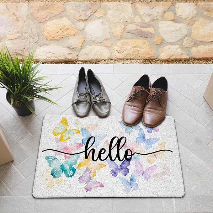 JINYO Butterfly Door Mat, Hello Door Mat Indoor Outdoor Entrance Entryway Porch, Butterfly Room Decor for Girls, Bath Mats for Bathroom, Beachy Welcome Mats, 17x30 Inch