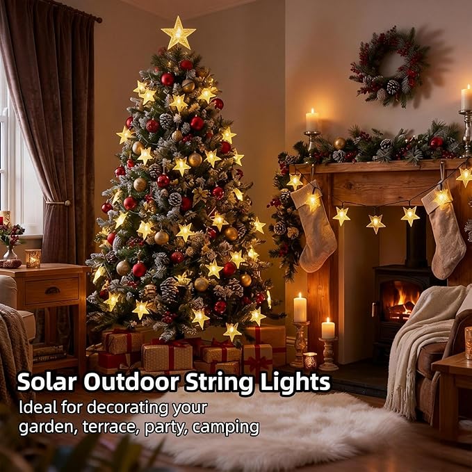 Twinkle Solar Star String Lights Outdoor Waterproof Fairy Lights 39FT 100 LED with 8 Lighting Modes for Camping Garden Wedding Party Tree Holidays Backyard Patio(Warm White)