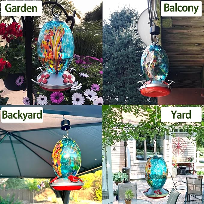 Muse Garden Glass Humming Bird Feeders for Outdoors - 27OZ Blown Glass Hummingbird Feeder - Unique Gift for Mom Women, Outdoors Hanging Garden Decor, Includes Ant Moat & Brush, Blue Fireworks
