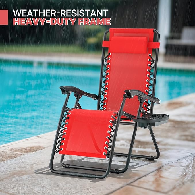 Magshion Zero Gravity Lounge Chair, Adjustable Folding Recliner with Cup Holder Side Tray & Removable Headrest Pillow, Portable Outdoor Patio Lounger for Camping, Beach, Lawn, Backyard, Red