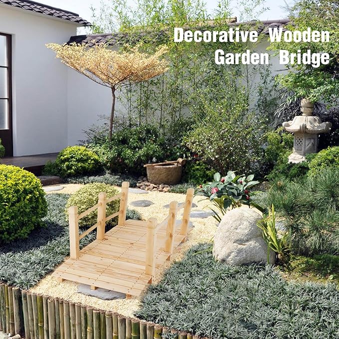 Giantex 5 ft Garden Bridge - Natural Wood Arc Footbridge Walkway with Side Railings, Decorative Wooden Bridge Landscaping for Backyard Farm Garden Creek Pond Decor, Easy to Assemble (Natural)