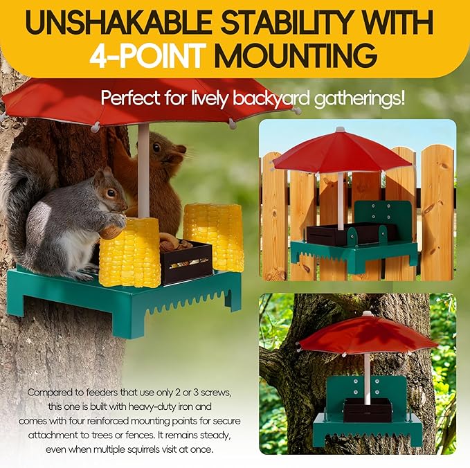 Metal Squirrel Feeder Picnic Table with Umbrella - Heavy Duty Iron Outdoor Chipmunk Feeder, Rust Resistant Corn Cob Holder, Funny Backyard Wildlife Gift for Nature Lovers. (RED)