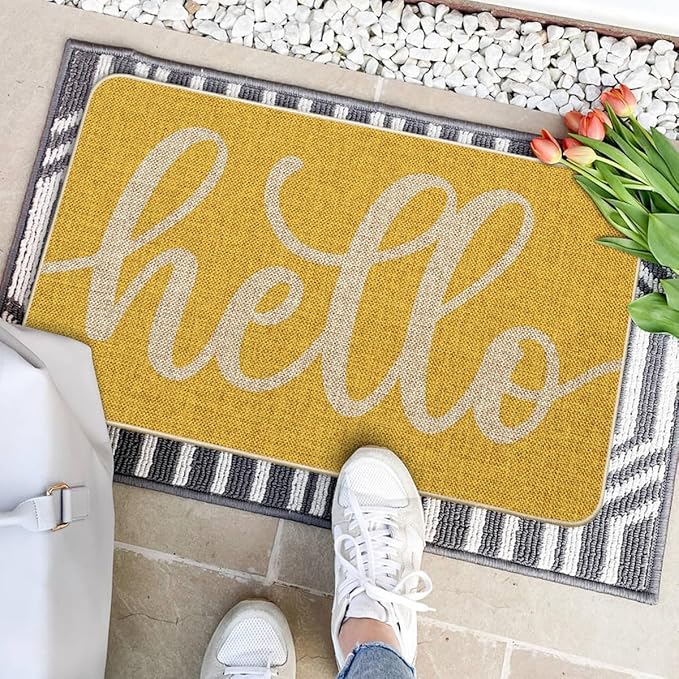 Artoid Mode Yellow Hello Spring Doormat, Summer Home Decor Low-Profile Switch Rug Door Mat Floor Mat for Indoor Outdoor 17x29 Inch