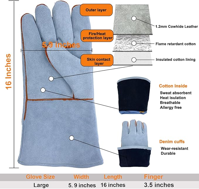 Welding Gloves 16 Inches, Heat Resistant 932℉ Leather Welding Gloves for MIG, TIG, Stick, Long Sleeve Grill Gloves for Welding, Fireplace, BBQ, Oven, Furnace, Wood Stove, Animal Handling