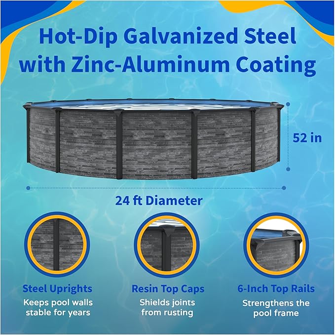 Blue Wave Marbella 24-ft Round 52-in Deep Above Ground Swimming Pool – with Steel Wall & Top Rails, Sand Filter, Overlap Liner, A-Frame Ladder & Maintenance Kit – Complete Outdoor Pool Accessories