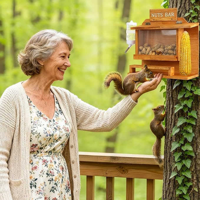 Nut Bar Squirrel Feeder, Squirrel Feeders for Outside, Squirrel Picnic Table Peanut Corn Cob Feeder, Wooden Squirrel Picnic Table Feeder for Corn Peanut, Chipmunk Feeder Box