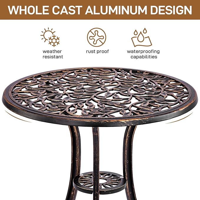 VINGLI 3 PCS Outdoor Bistro Set, Outdoor Patio Set, All-Weather Cast Aluminum Bistro Table Set, Bistro Table and Chairs Set of 2 for Backyard, Garden, Balcony (Bronze, Leaf)