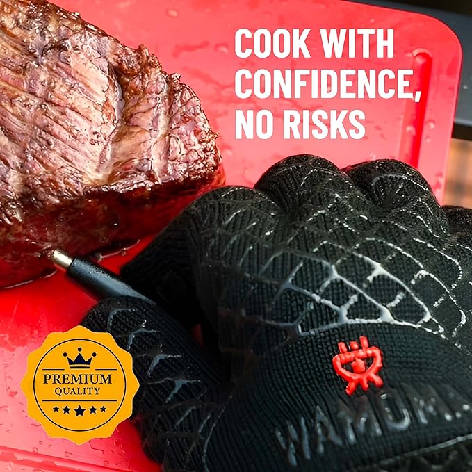 Long Sleeve Heat Resistant Grill Gloves - Medium Grilling Gloves for BBQ with Silicone Grip, Comfortable Cotton Lining for Barbeque, Baking, Oven Gloves with Fingers for Meat