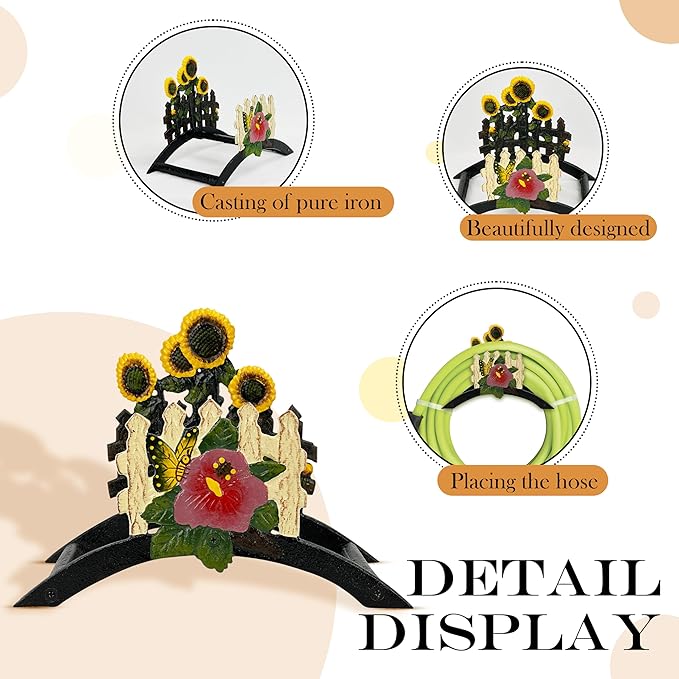 Decorative Garden Hose Holder Wall Mount – Heavy Duty Cast Iron Hose Hanger with Colorful Sunflower Design – Wall Mounted Hose Holders for Outside, Patio, Yard, or Front Door