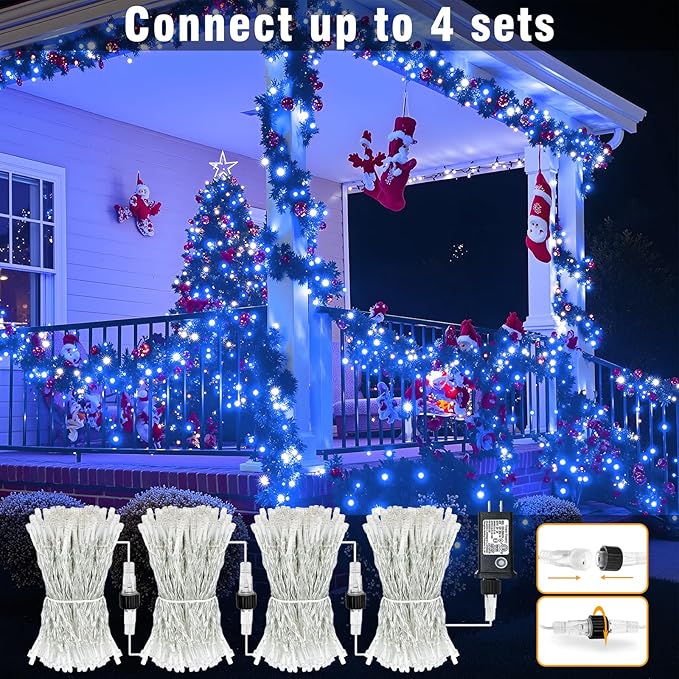 100FT 300 LED Outdoor String Lights, Connectable Christmas Lights Indoor Waterproof with 8 Modes, Plug in Twinkle Fairy Lights Clear Wire for Bedroom Home Wedding Patio Decorations, Blue and White