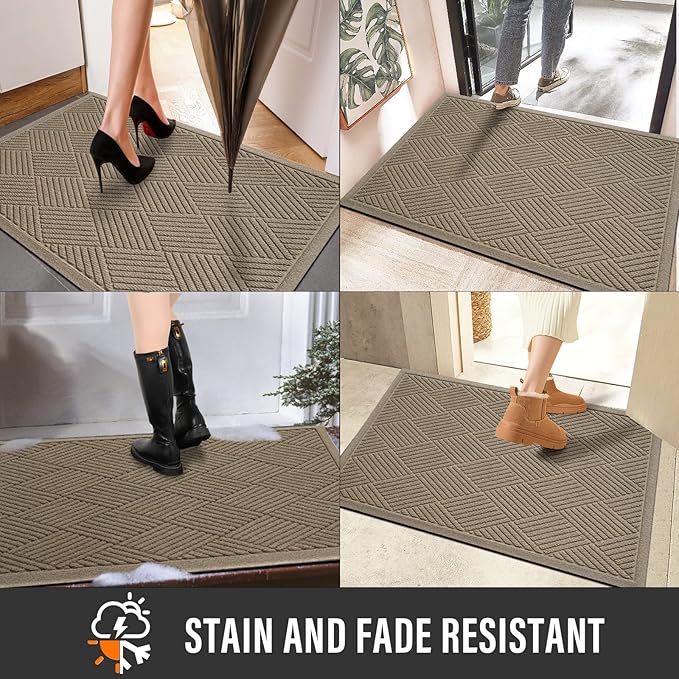 Sturdy Front Door Mat, Absorbent Muddy Dirt Resist Welcome Door Mats Outdoor Indoor, Stain and Fade Resistant, Non-Slip Rubber Backing Low Profile Doormat for Entryway, 47×32, Beige