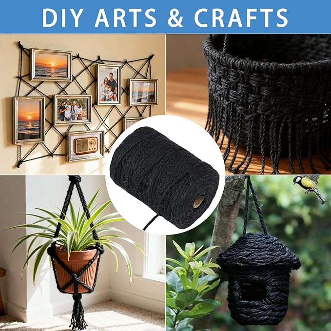 328 Feet 3mm Thick Black Natural Jute Twine, Garden Twine Heavy Duty Industrial Packing Materials String Wrapping, Arts, and Crafts, Halloween Wrapping, Gardening Applications