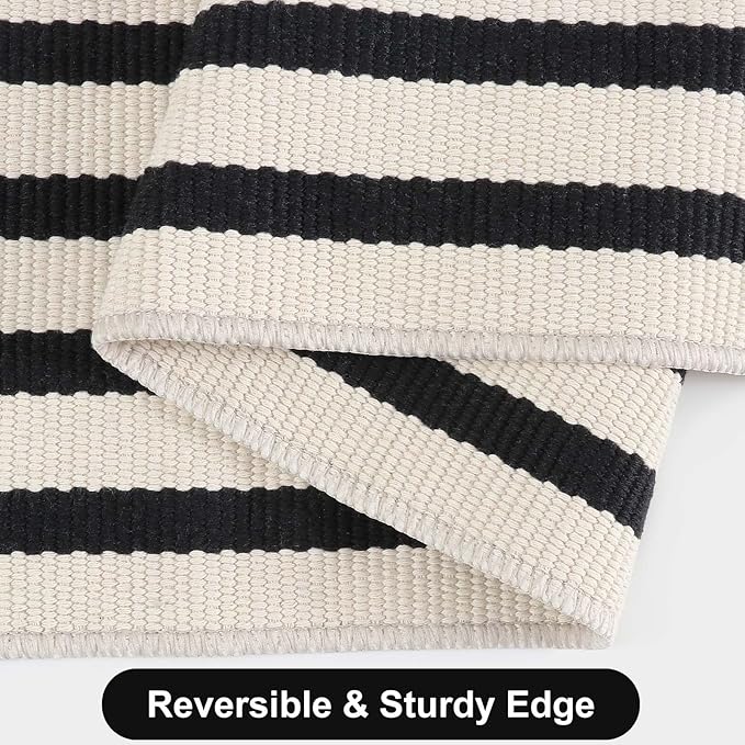 Striped Outdoor Front Door Mat 24"x51", Washable Black and White Rug Runner Cotton Hand Woven Indoor Layered Doormat, Reversible Foldable Door Rugs for Entryway/Farmhouse/Home Entrance
