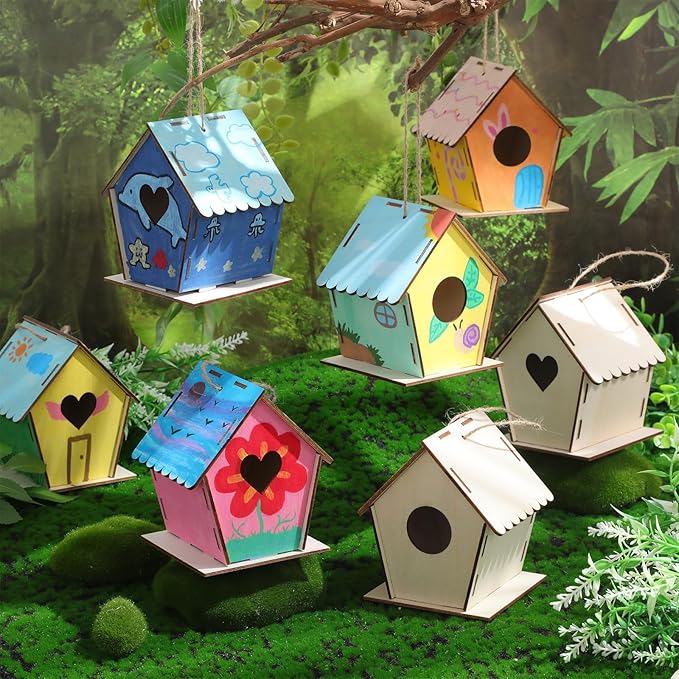 DoubleFill 24 Pack 4.33'' Wooden Bird House Craft Kit for Kids Spring DIY Birdhouse to Build and Paint Unfinished Hanging Birdhouse Bulk Spring Bird Feeder for Class Creative Valentines Crafts