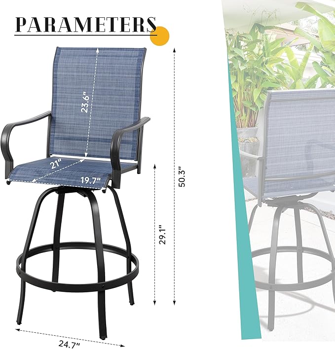 Vongrasig 4 Piece Patio Swivel Bar Chairs, All Weather Metal Textile High Swivel Bar Stools Chairs, Outdoor High Top Bistro Set for Backyard, Lawn Garden, Balcony, Denim Blue
