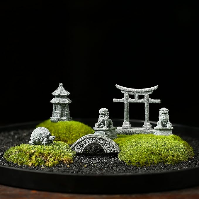 6 PCS Mini Zen Garden Accessories, Miniature Garden Bridge Foo Dogs Torii Gate Sandstone Figurines Meditation Zen Decor Japanese Fish Tank Terrarium Bonsai Decorations (Art Deco)