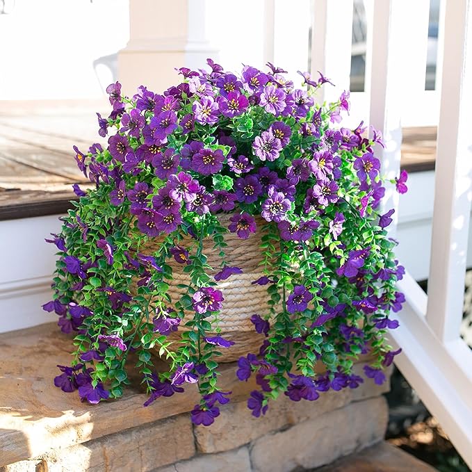 HyeFlora Artificial Flowers for Outdoors Garland Decoration, 2Pcs Dark Purple Fake Hanging Flowers, UV & Fading Resistant, Faux Decor for Home Porch Patio Balcony Planter Yard