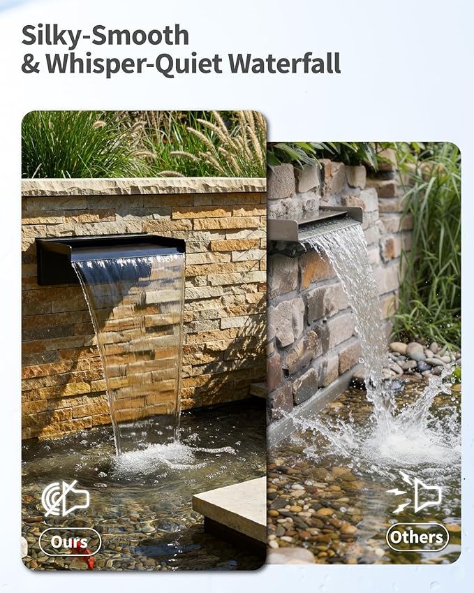 POPOSOAP 8inch Pond Waterfall Spillway with RGB LED Lights & 660GPH Pump Kit - APP/Remote Control, 304 Stainless Steel Pond Spillway with 9.8FT Tubing for Garden Ponds Landscape Water Features-P42DY