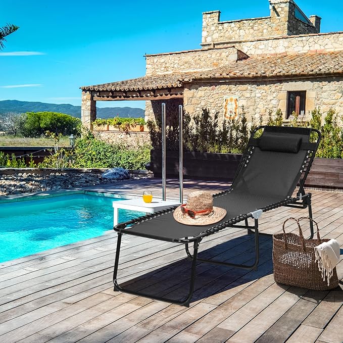 GYMAX Lounge Chairs for Outside, Extra High Folding Beach Tanning Lounger with 4-Level Adjustable Backrest, 2-Level Footrest & Removable Pillow, Sunbathing Lounge for Patio, Lawn, Poolside (1, Black)