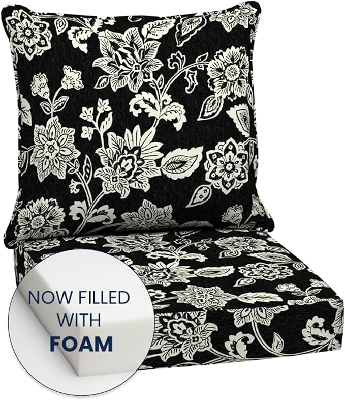 Arden 24x24 Outdoor Foam Deep Seat Cushion Set – Fade-Resistant, Weather-Resistant Outdoor Patio Replacement Cushions Ashland Black Jacobean