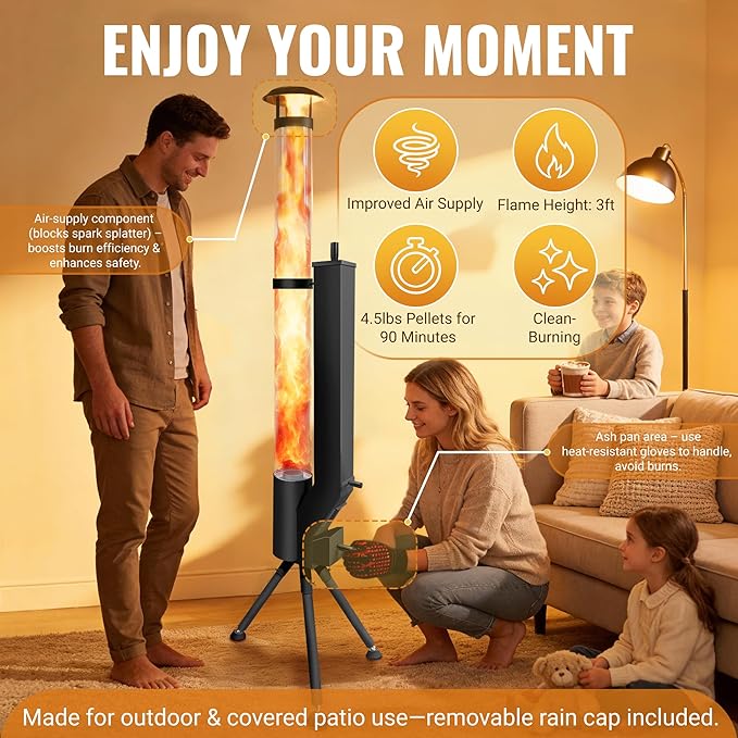 63" Wood Pellet Stove Outdoor Fire Pit with Safe-Guard Kit (Glove, Cover, Ground Stakes), Smokeless Spiral Flame Patio Heater with Quick-Extinguish Barrier for Backyard, Garden, Patio, Bonfire