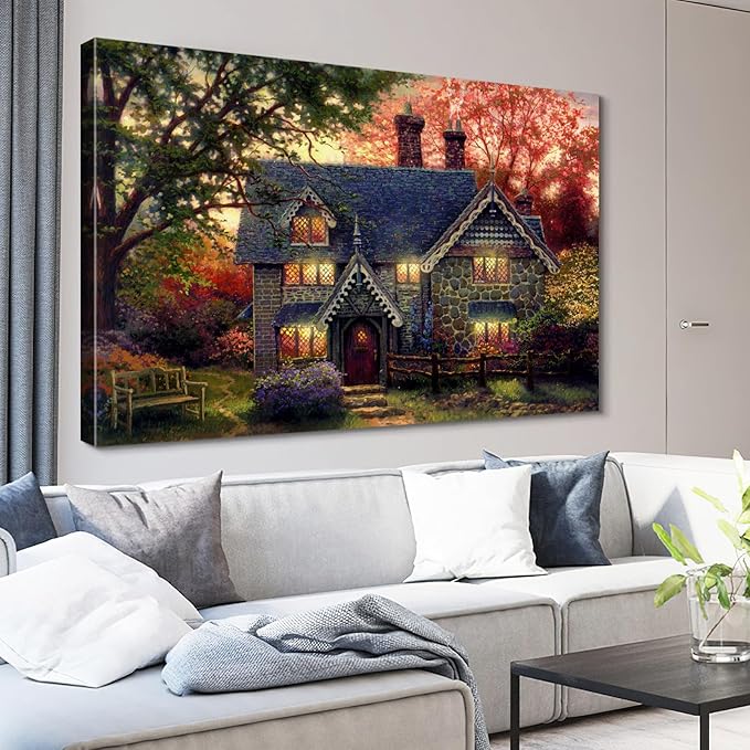 STUDIO HAVEN Thomas Kinkade Canvas Wall Art, Autumn Evening Flower Garden Cozy Glow and Wooden Bench Oil Painting Poster Rustic Landscape Wall Decor, Framed Prints for Home Decor, 16x12Inch