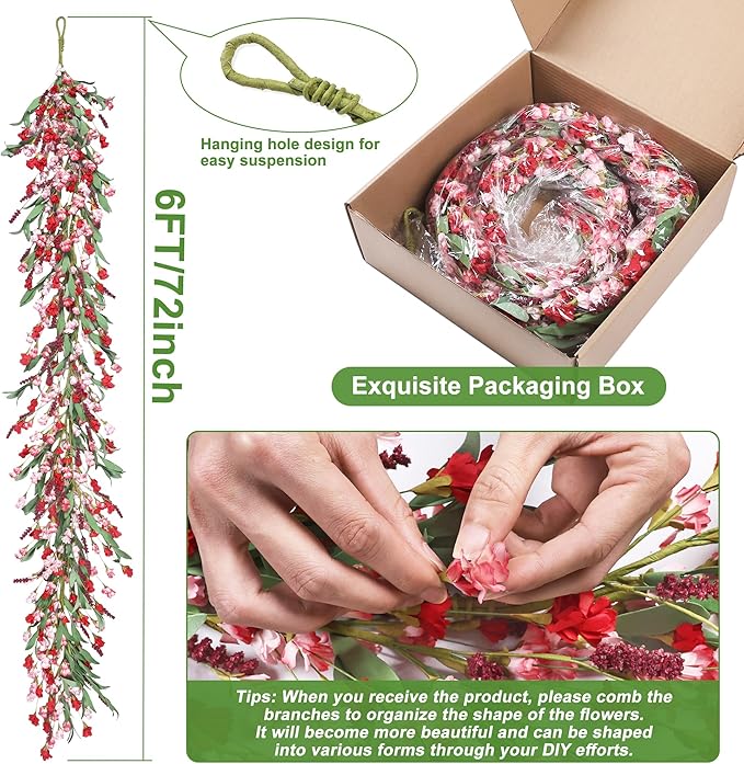 Artgar Flower Garland 6Ft Spring/Summer Garland Floral Garlands for Mantle All Year Round Paper Garlands Decor for Indoor Outdoor Home Wedding Arch Porch Stair Backdrop Year Round Decor (Red Pink)