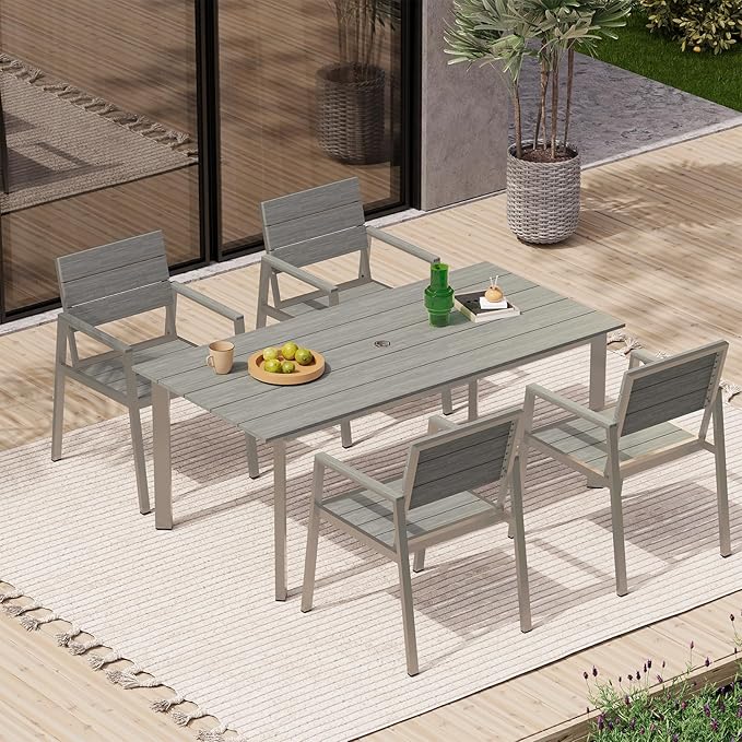 67" Rectangle HDPS Patio Dining Table, Aluminum Outdoor Patio Dining Table with Umbrella Hole, Weather-Resistant for Lawn, Garden, Yard, Poolside and Indoor Use (Sliver)