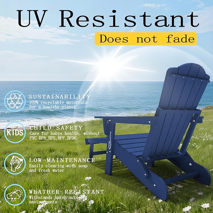 Folding Adjustable Adirondack Chairs with Ottoman & 1 Cup Holders, HDEP Multifunctional Adirondack Chair with Footrest,Navy Blue