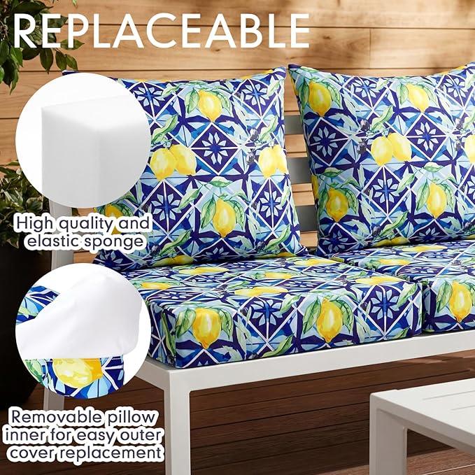 Hoteam 4 Set Outdoor Chair Patio Cushions Deep Seat Waterproof Chair Cushions 20 x 20 Inch for Patio Furniture Set Replacement Removable Seat and Back(Lemon)