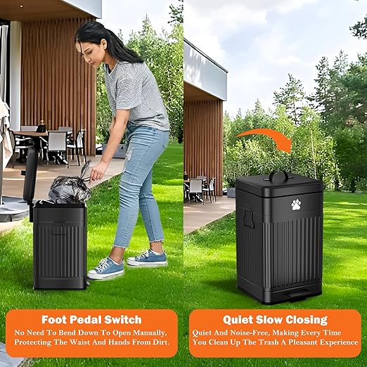 Dog Poop Trash Can Outside, 12L/3.1Gal Metal Dog Waste Trash Can with Lid, Foot Pedal, Waste Container with 40 Bags, Pet Poop Bucket with Lid Soft Close for Pet, Rectangular Black