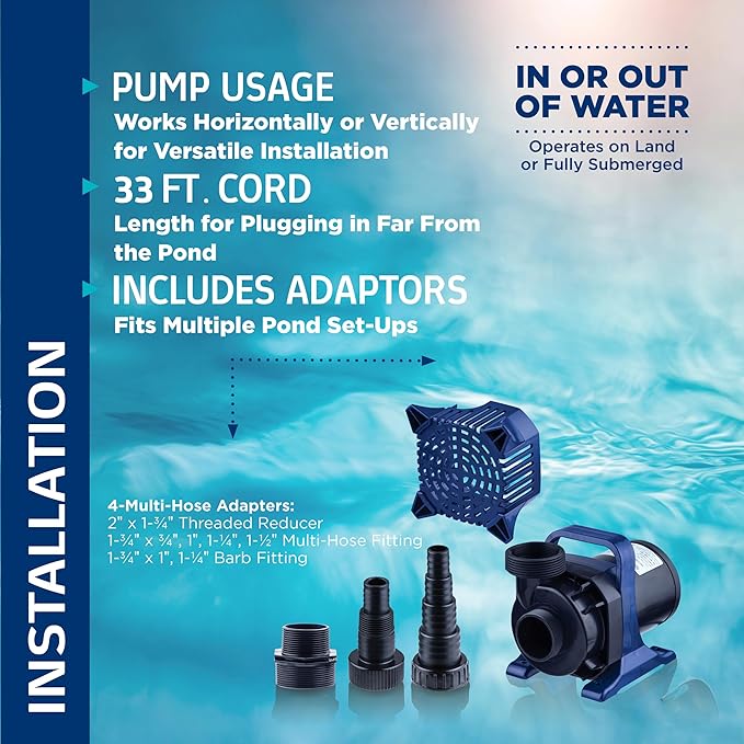 Alpine Corporation PAL8000 | 8000 GPH Submersible Water Pump — Quiet 540W Heavy-Duty Motor, 33-ft Cord & 26-ft Lift — Multi-Angle Flow for Ponds, Waterfalls & Fountains — Durable Outdoor Performance