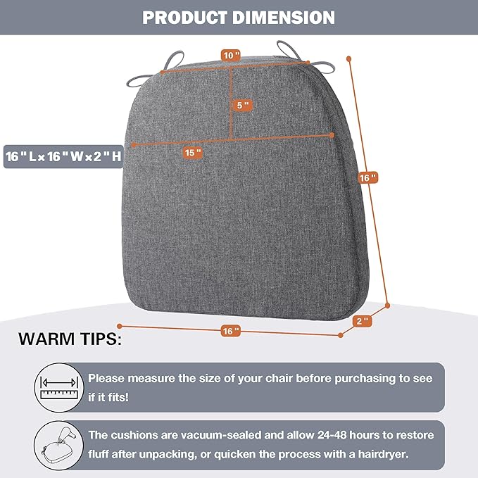 Battilo Chair Cushions for Dining Chairs with Ties, Waterproof Kitchen Chair Pad with Non-Slip Backing, Seat Cushions with Machine Washable Removable Cover, 16"x16"x2", Set of 4, Dark Grey