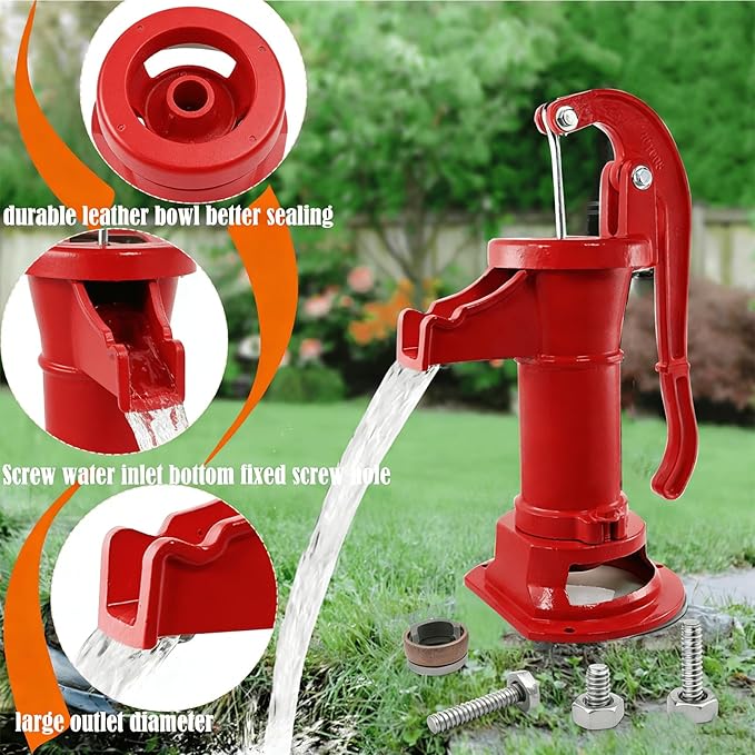Durable Antique Cast Iron Pitcher Pump: Manual Hand Shake Suction Well Pump for Water Transfer, 25ft Maximum Lift, Easy Installation, Suitable for Outdoor Gardens, Ponds, and Backyards. (Red)
