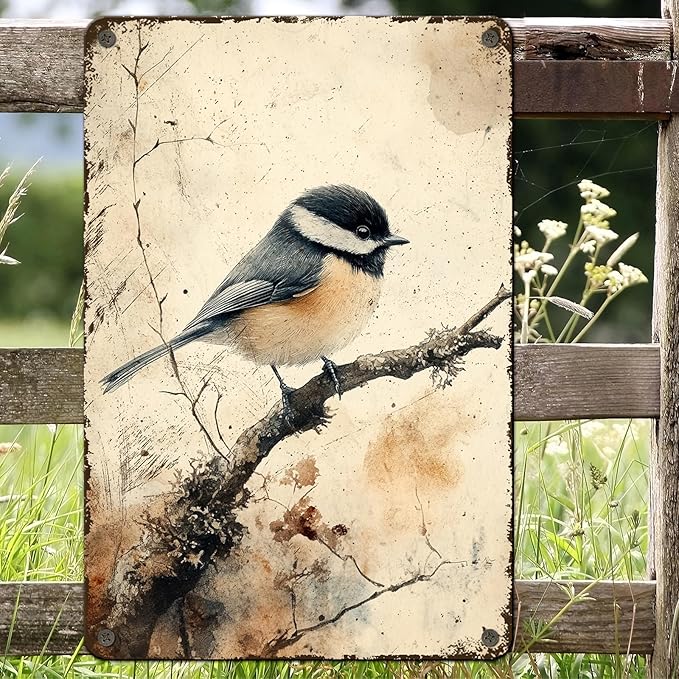 PEACHGARDEN Chickadee Bird Wall Decor Chickadee Wildlife Vintage Metal Sign Wall Art Decor for Home Living Room Kitchen Garden Bedroom Office Hotel Cafe And Pub Decoration 8x12inch