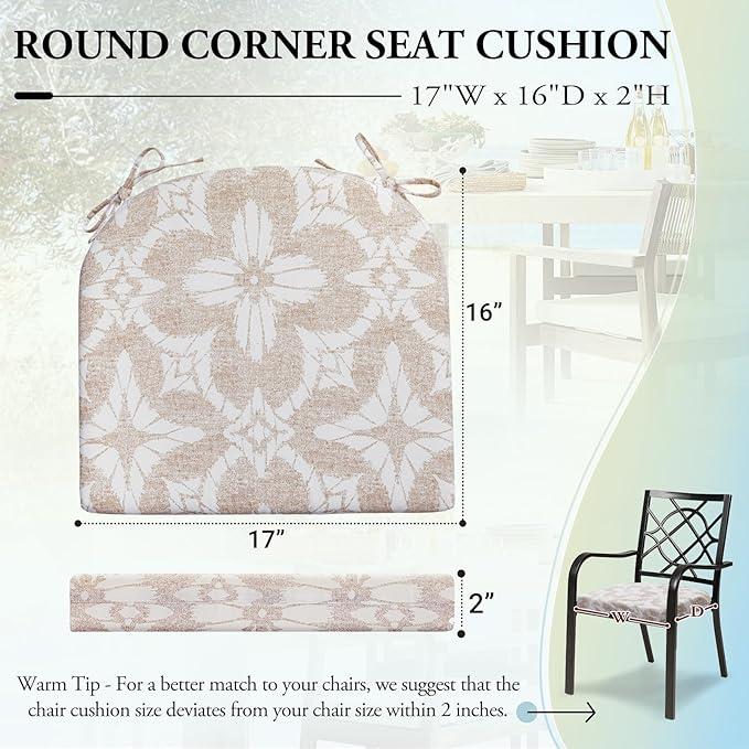 Wellsin Outdoor Chair Cushions for Patio Furniture - Patio Chair Cushions Set of 4 - Water Resistant Round Corner Outdoor Seat Cushions 17"X16"X2", Flower Beige
