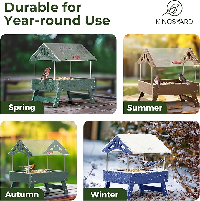 Kingsyard Ground Bird Feeder for Outdoors - Recycled Plastic Platform Feeder for Wild Birds, Rainproof Squirrel Feeders, 5 LBS Large Capacity, Green