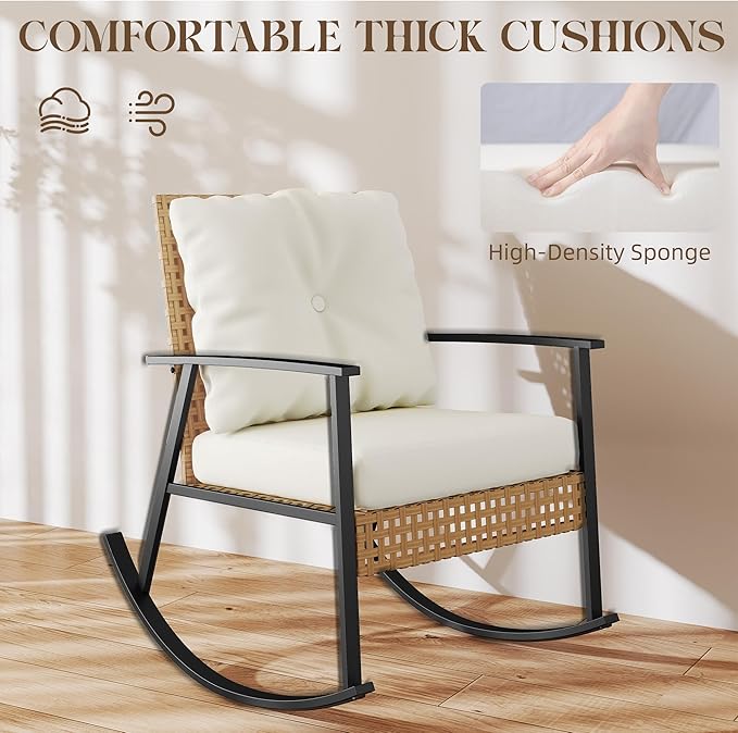 LEX CRAFT 3 Piece Outdoor Rocking Chairs, Outdoor Patio Furniture Set with Thick Cushion and Coffee Table Rattan Rocking Bistro Set for Grand Porch Balcony Garden (Beige)