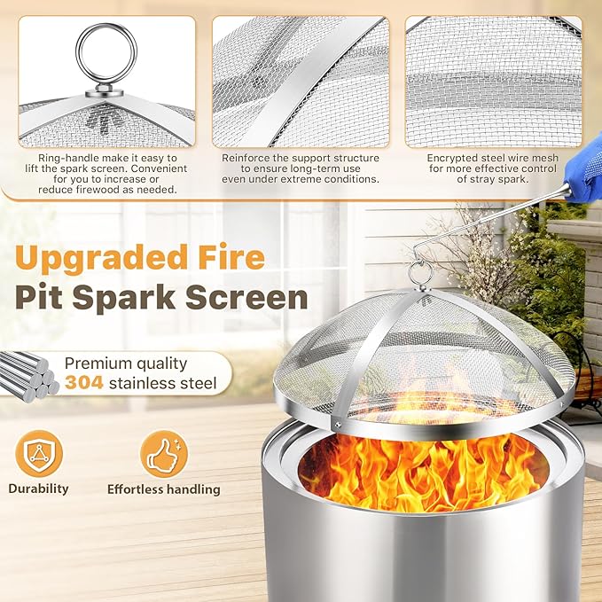 Fire Pit Spark Screen for Solo-Stove Bonfire 19.5", Stainless Steel Bonfire Sheid Accessories with Removal Handle, Firepit Screens Cover Detachable Mesh Lid for Backyard, Beach, RV Camping