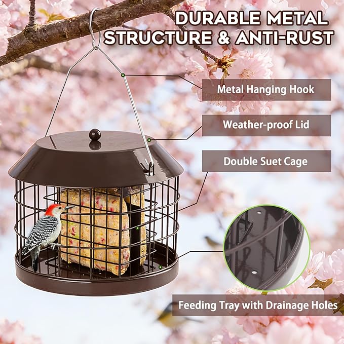 Caged Suet Bird Feeder for Outdoors Hanging, Squirrel Proof Double Suet Feeder for Small Birds, Metal Cage with Detachable Hook, Large Space, Outdoors Weatherproof, Brown