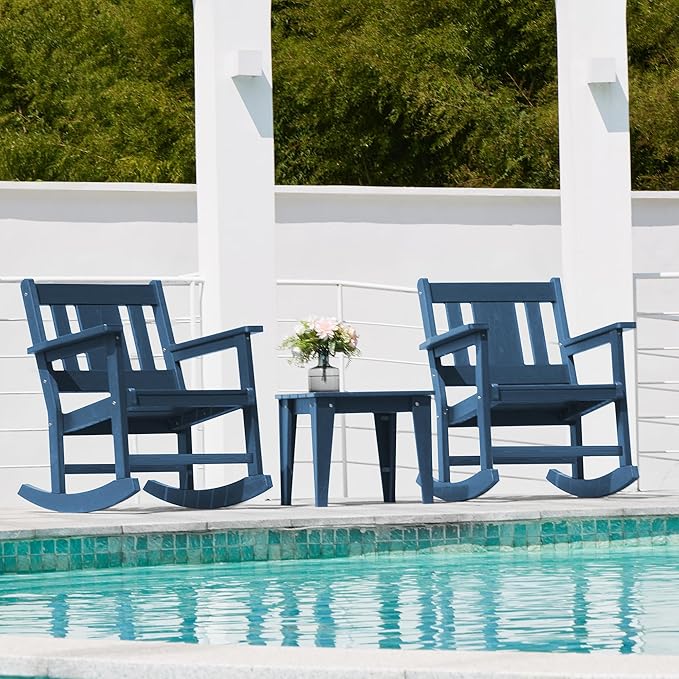 SERWALL Outdoor Rocking Chairs Set of 2 with Side Table, All-Weather HDPE 3 Piece Patio Furniture Set, Outdoor Bistro Set for for Porch Deck Lawn Balcony, Blue