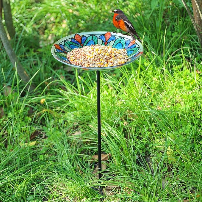 Bird Baths for Outdoors, Glass Birdbaths Outdoor Garden Birdfeeder with Metal Stake for Lawn Yard Decor, 24 Inch Height