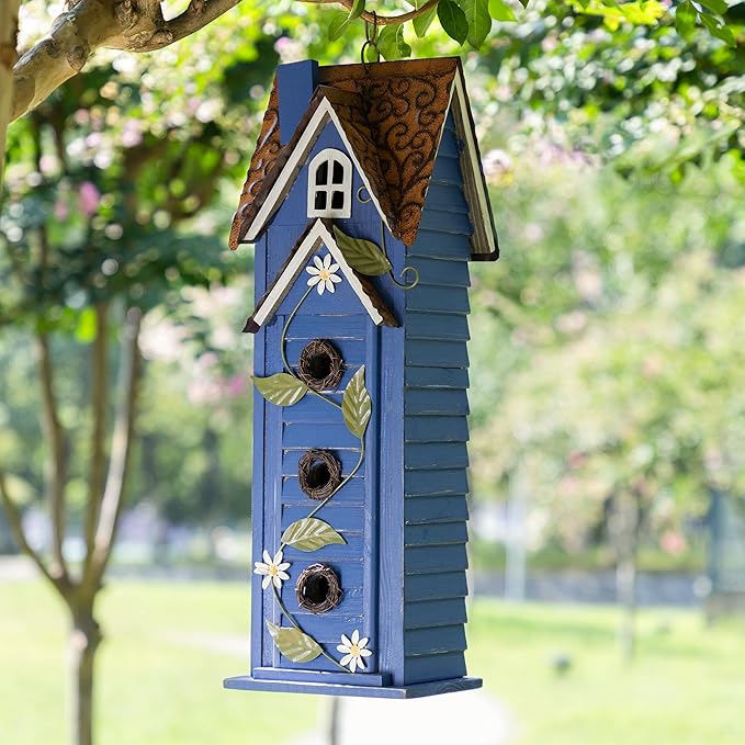 Glitzhome Bird Houses for Outside,Hand Painted Hanging Bird House for Outdoors, 24.25" H Oversized 3-Tiered Villa Decorative Wooden Bird Houses Large Birdhouse for Garden, Washed Blue