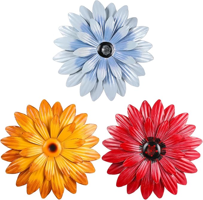 Hotop 3 Pcs Metal Flower Wall Art 3D Metal Daisy Wall Decor Multiple Layer Hanging Flower Rustic Farmhouse Boho Style Decorations for Indoor Outdoor Home Living Room Office Garden, 8 Inches(Retro)